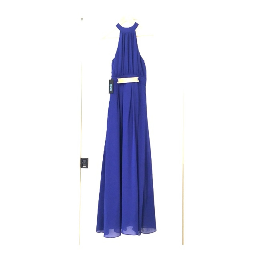 Blue halter maxi dress with gold belt